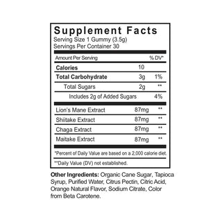 Mind and Body Mushroom Extract Gummies - Orange Flavor - NAYSA Nutra - Supplement Facts