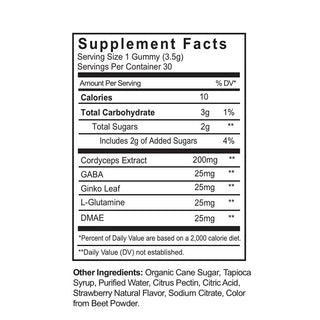 Performance Mushroom Extract Gummies - Strawberry Flavor - NAYSA Nutra - Supplement Facts