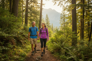 Two people walking hand in hand on a trail through a forest with mountains in the background.