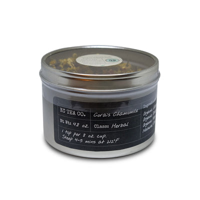 A 4.8oz silver tin of KC Tea Company's Coras Chamomile Tea